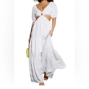 Vici White Plunge Neck Puff Sleeve Maxi Dress